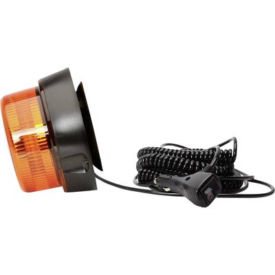 Pomarańczowa lampa ostrzegawcza z czarną podstawą i spiralnym przewodem podłączonym do wtyczki samochodowej, przeznaczona do montażu w pojeździe.