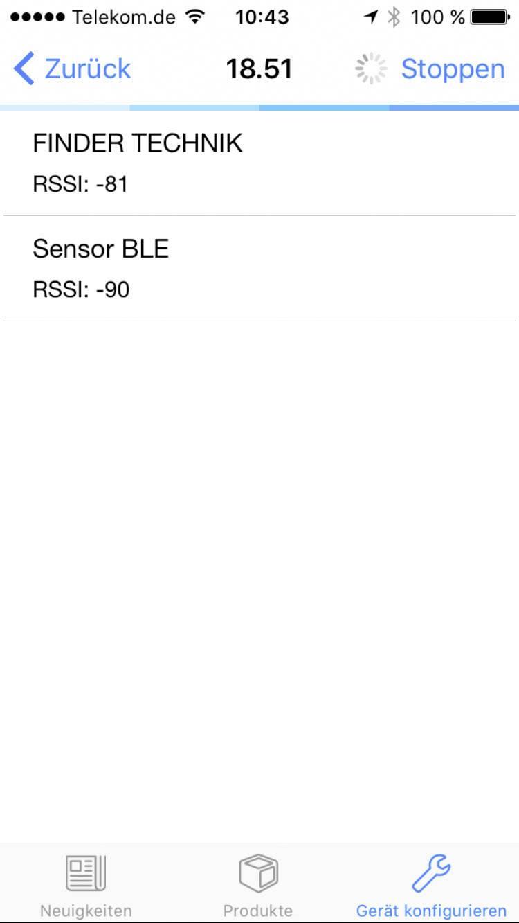 'FINDER TECHNIK' i 'Sensor BLE' z wartościami RSSI -81 i -90. Na górze godzina 18:51, nawigacja 'Wstecz' i 'Zatrzymaj'. Na dole pozycje menu: Nowości, Produkty, Konfiguracja urządzenia.
