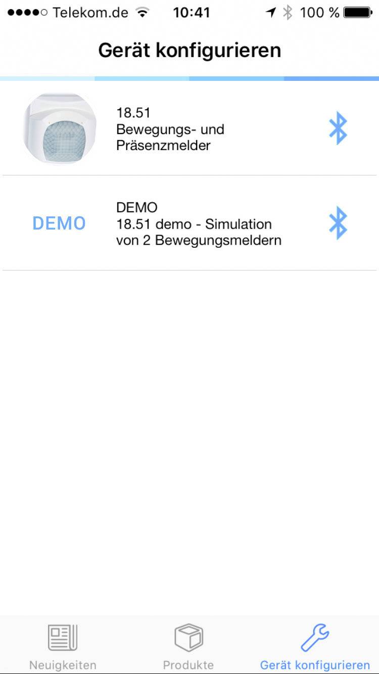 Ekran "Konfiguracja urządzenia" pokazuje dwie opcje urządzeń: '18.51 Czujnik ruchu i obecności' oraz 'DEMO 18.51 demo - Symulacja 2 czujników ruchu'.