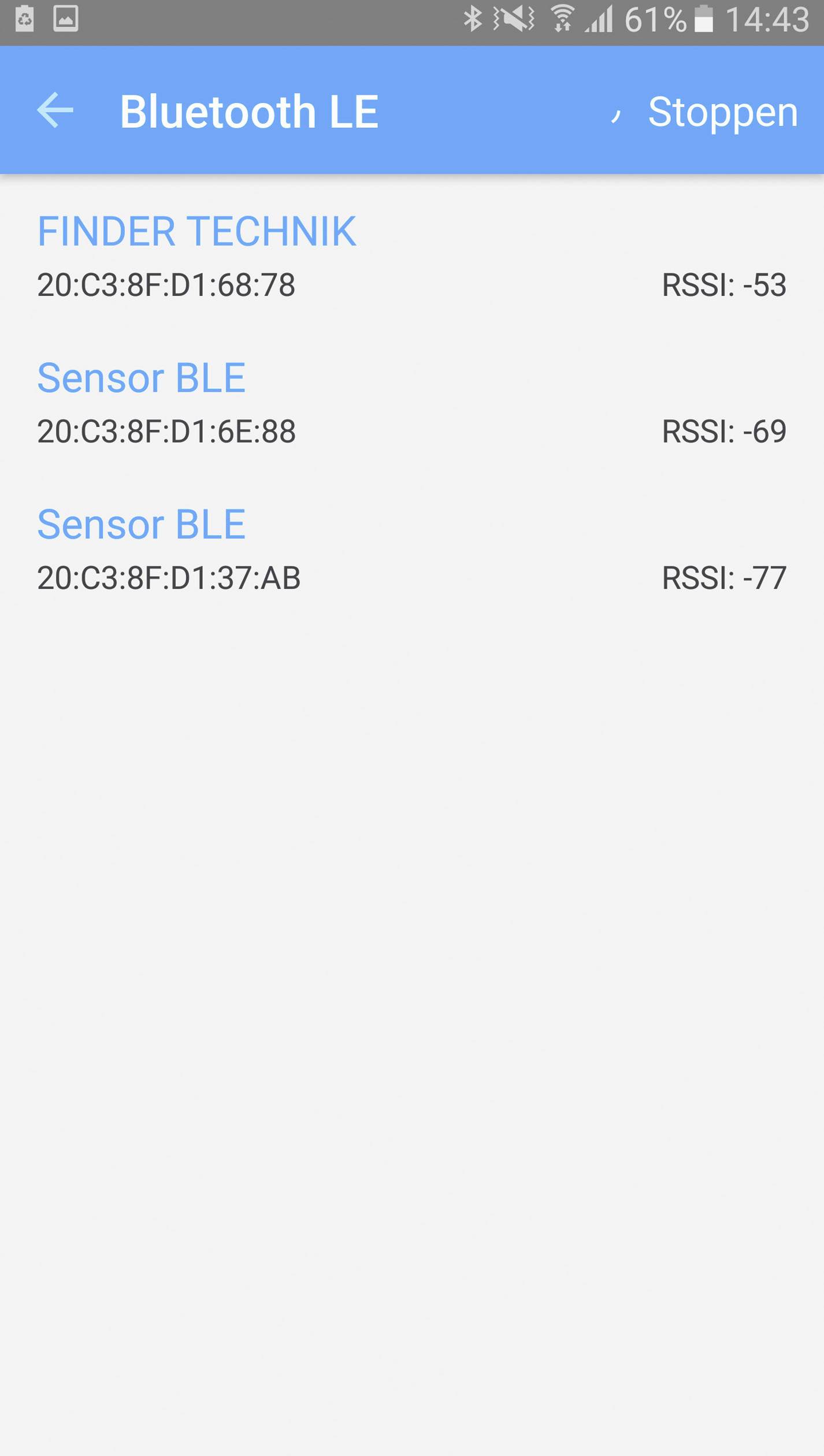 Skanowanie Bluetooth LE z trzema urządzeniami: 'FINDER TECHNIK' RSSI -53, 'Sensor BLE' RSSI -69 oraz 'Sensor BLE' RSSI -77. Przycisk Stop.