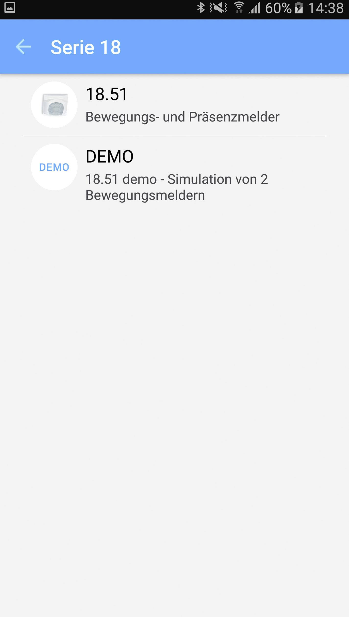 Ekran aplikacji mobilnej z dwoma wpisami: '18.51 Czujnik ruchu i obecności' oraz 'DEMO 18.51 demo - Symulacja 2 czujników ruchu'. Na górze 'Seria 18'.