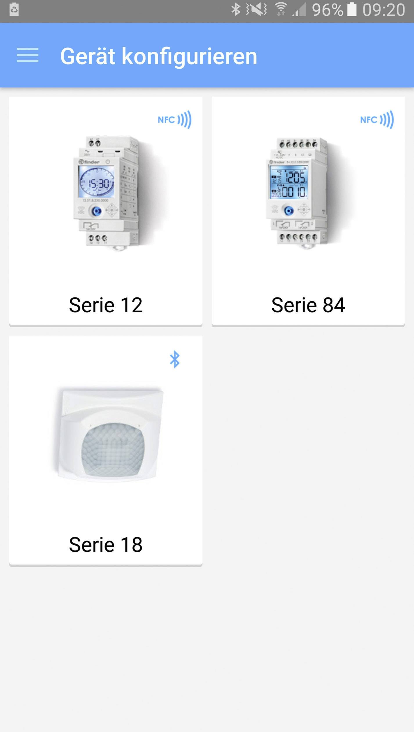 Trzy opcje urządzeń do konfiguracji: seria 12 i seria 84 z oznaczeniem NFC oraz seria 18 z symbolem Bluetooth.
