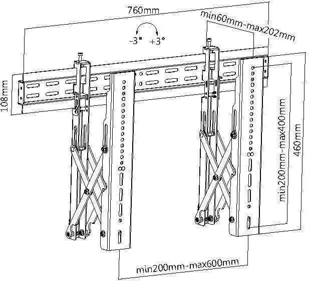 Rysunek techniczny uchwytu ściennego do telewizora z regulowanymi ramionami. Wymiary: szerokość 760 mm, wysokość 108 mm, kąt pochylenia +/-3 stopnie.