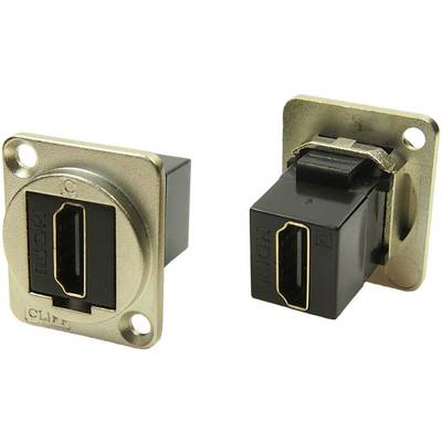Dwa złącza HDMI w metalowej ramce, jeden widziany z przodu, drugi z boku. Idealne do wytrzymałych zastosowań audio-wideo.