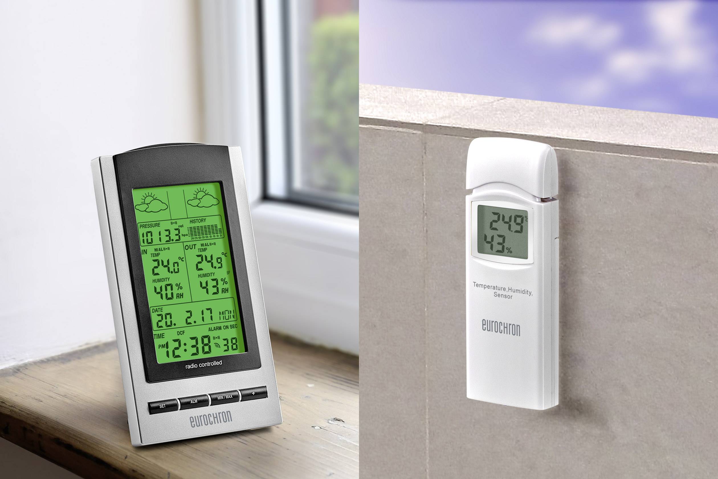 Cyfrowy termometr z czujnikiem wewnętrznym i zewnętrznym, wyświetlający temperaturę i wilgotność wewnątrz (24,9°C, 50%) oraz na zewnątrz (24,9°C, 43%).