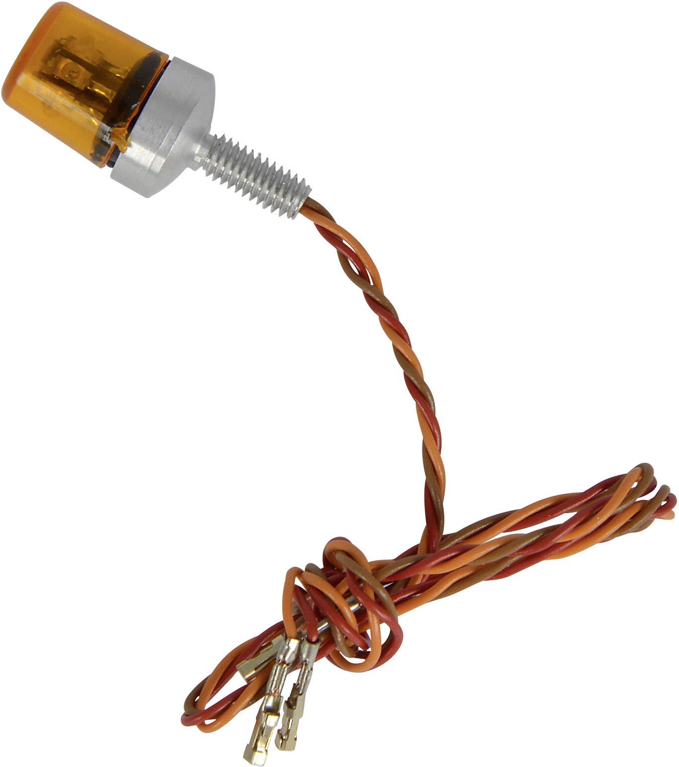 Pomarańczowy wskaźnik LED z metalowym gwintem i dwoma skręconymi przewodami zakończonymi złączami wtyczkowymi.