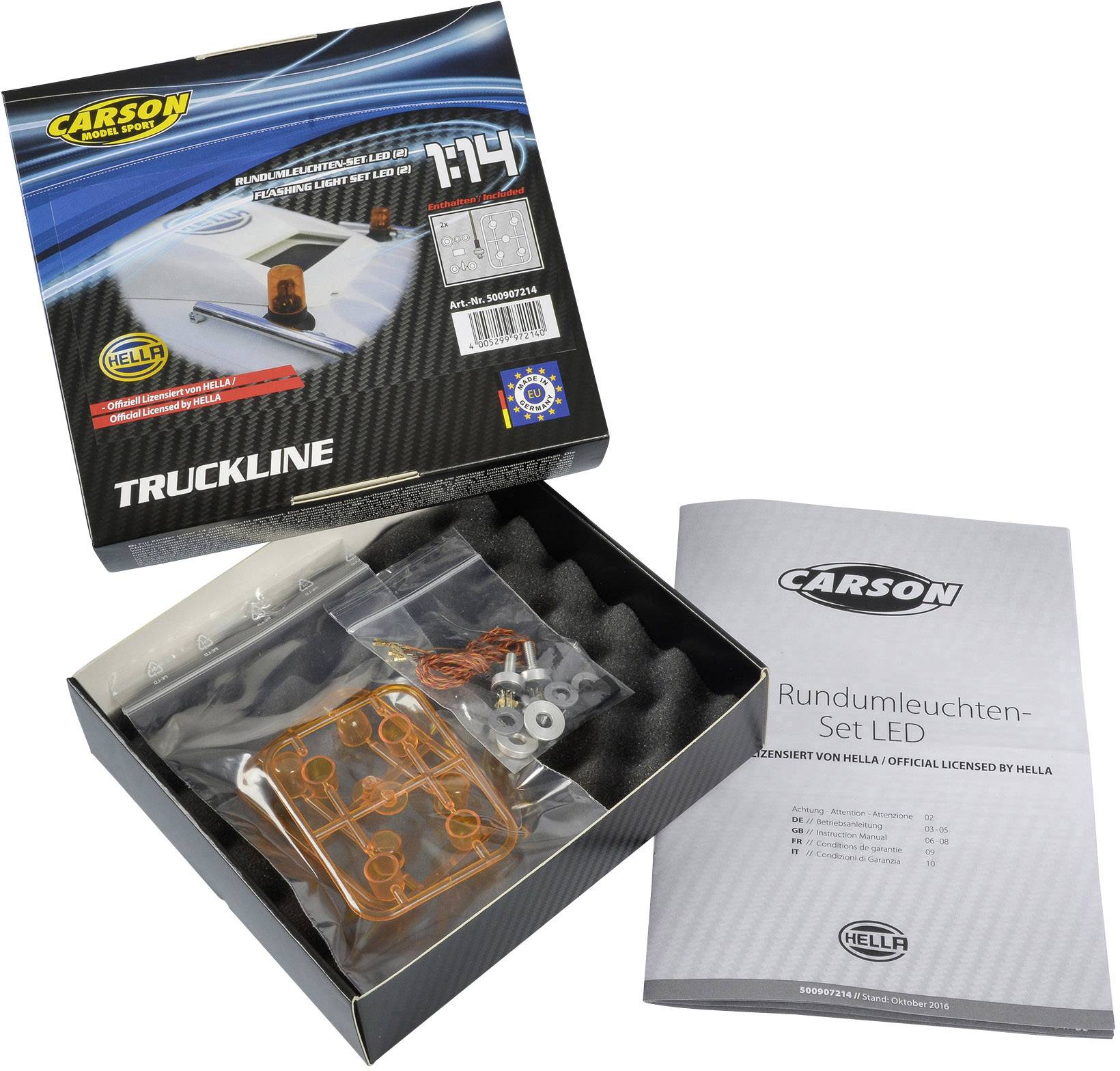 Opakowanie z zestawem świecących lamp całkowitego oświetlenia oraz instrukcją. Zawiera pomarańczowe komponenty i akcesoria do modelarstwa w skali 1:14.