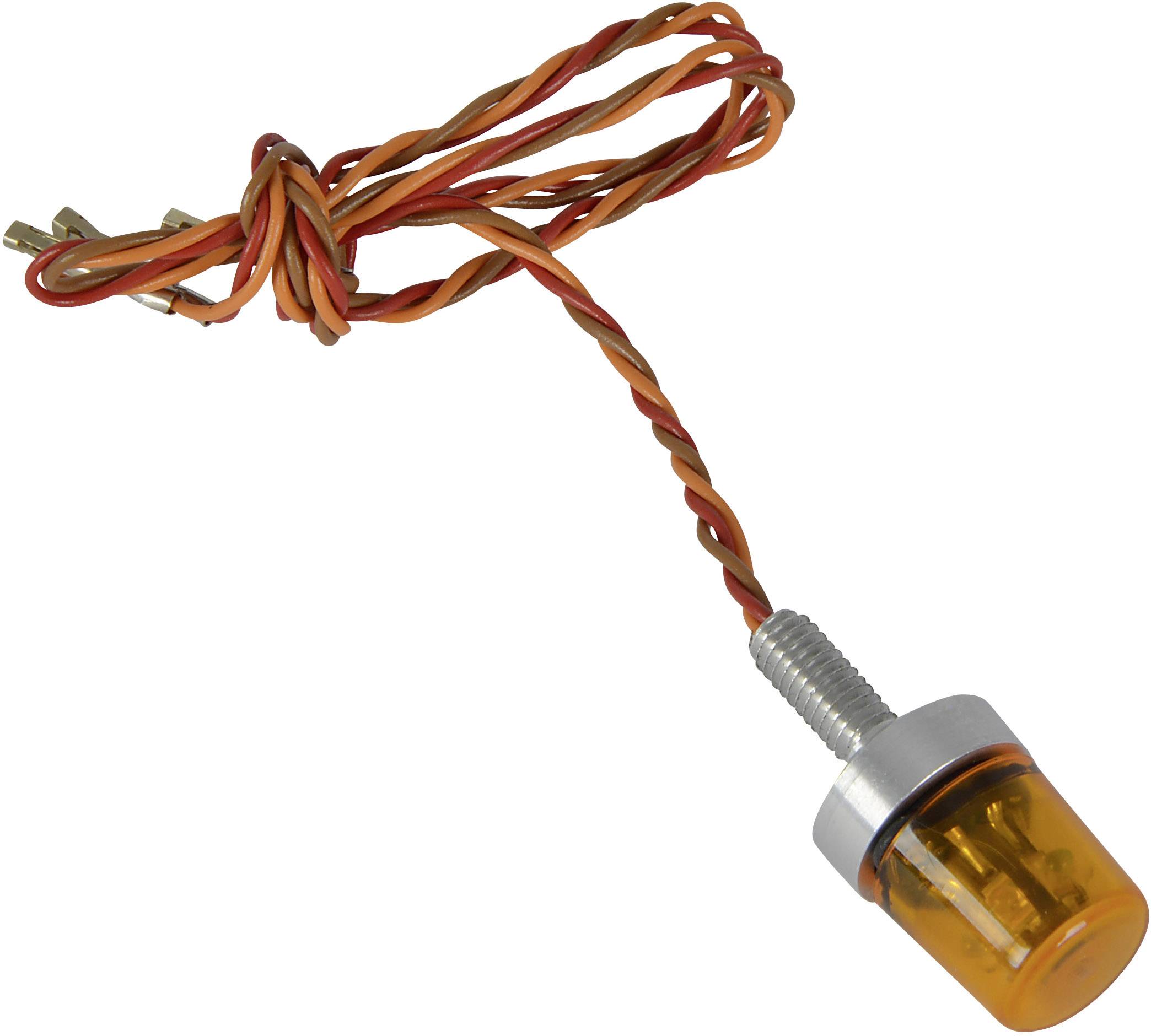 Pomarańczowy wskaźnik LED w metalowej obudowie z dwoma skręconymi przewodami, służący jako sygnalizator lub światło ostrzegawcze.