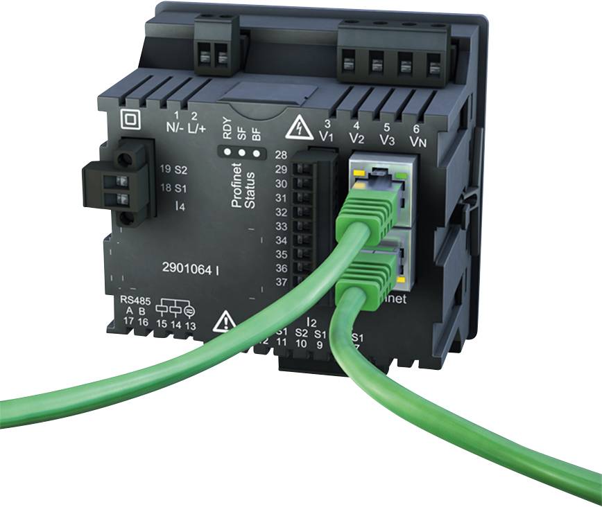 Moduł przemysłowy z wieloma portami i zielonymi kablami Ethernet, przeznaczony do komunikacji Profinet w sieciach przemysłowych.