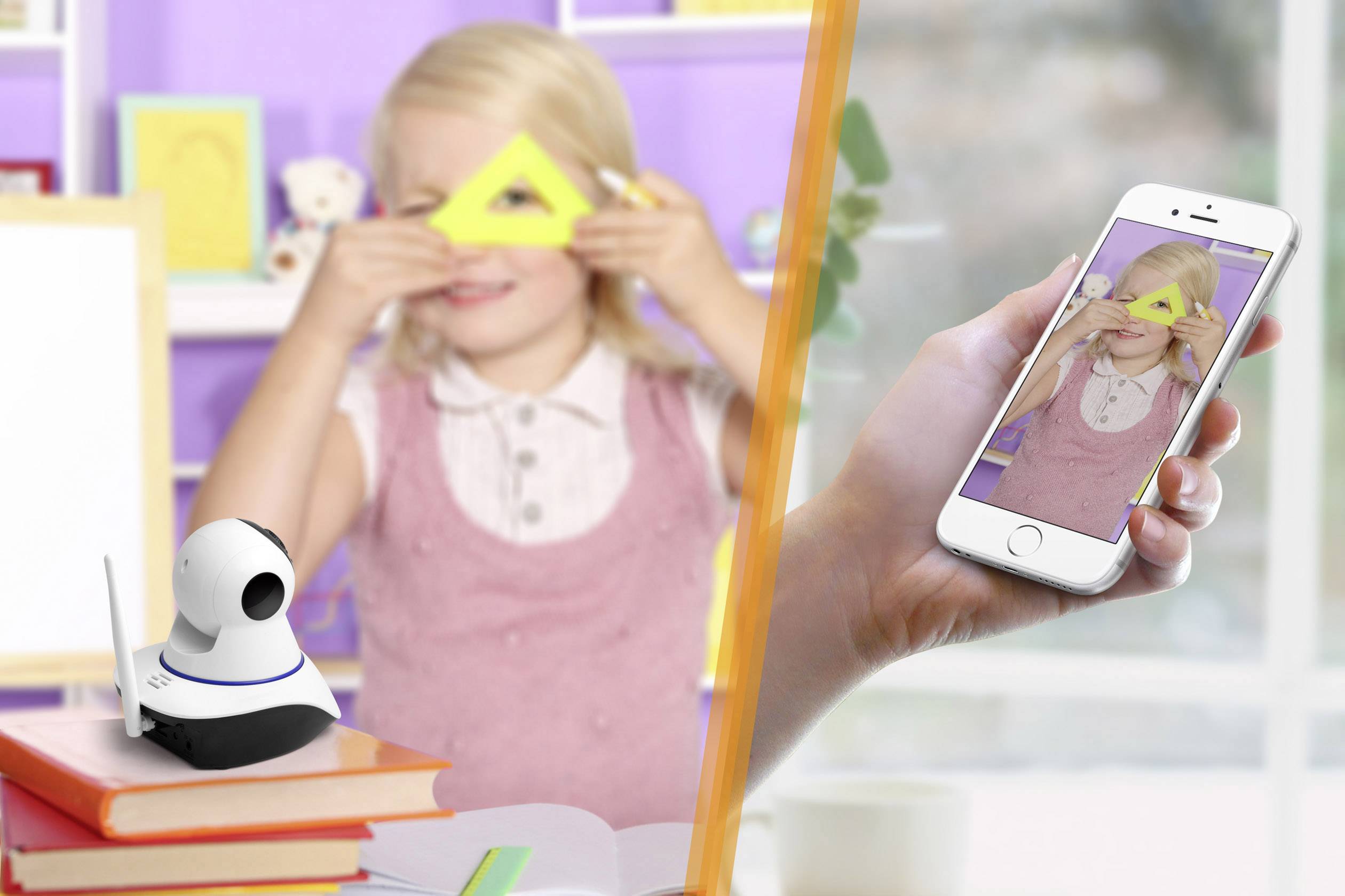 Dziecko trzyma żółty trójkąt przed swoją twarzą. Po lewej stronie aparat fotograficzny, po prawej smartfon wyświetla obraz dziecka.