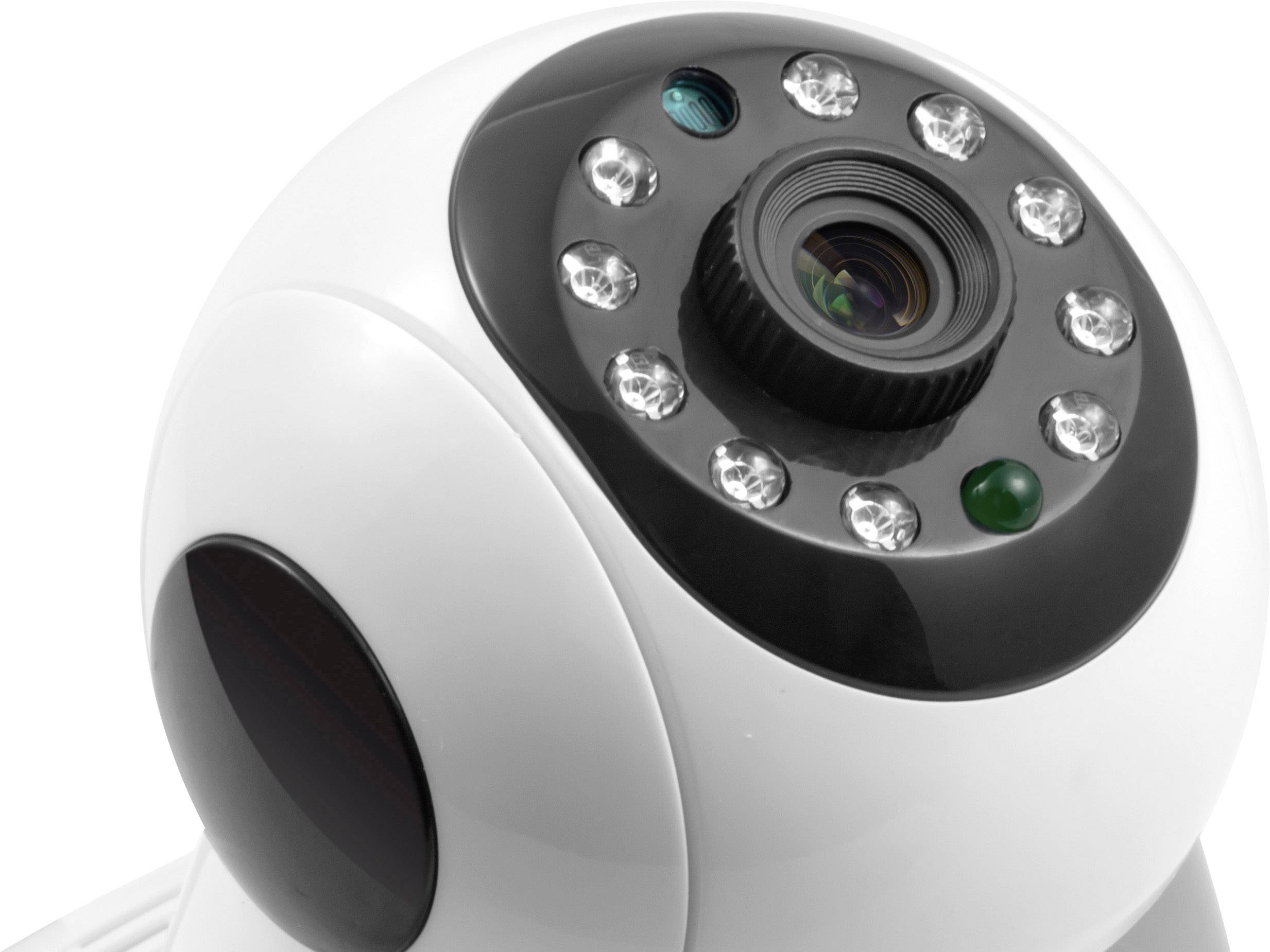 Zbliżenie białej kamery monitoringu z czarnymi elementami i wieloma obiektywami.