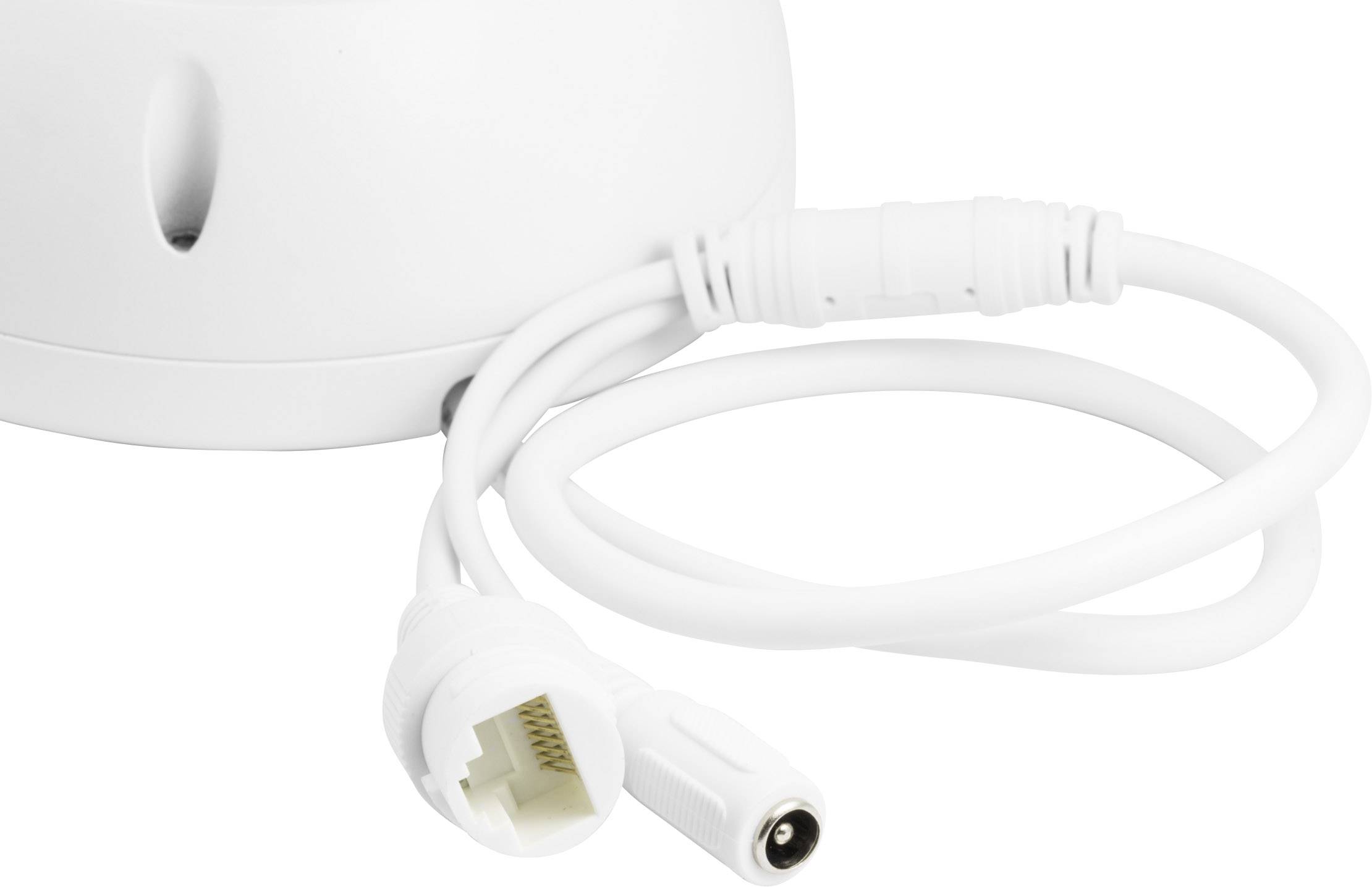 Białowy kabel z dwoma wtyczkami: jedną do Ethernetu i jedną do zasilania, podłączony do urządzenia (częściowo widocznego).