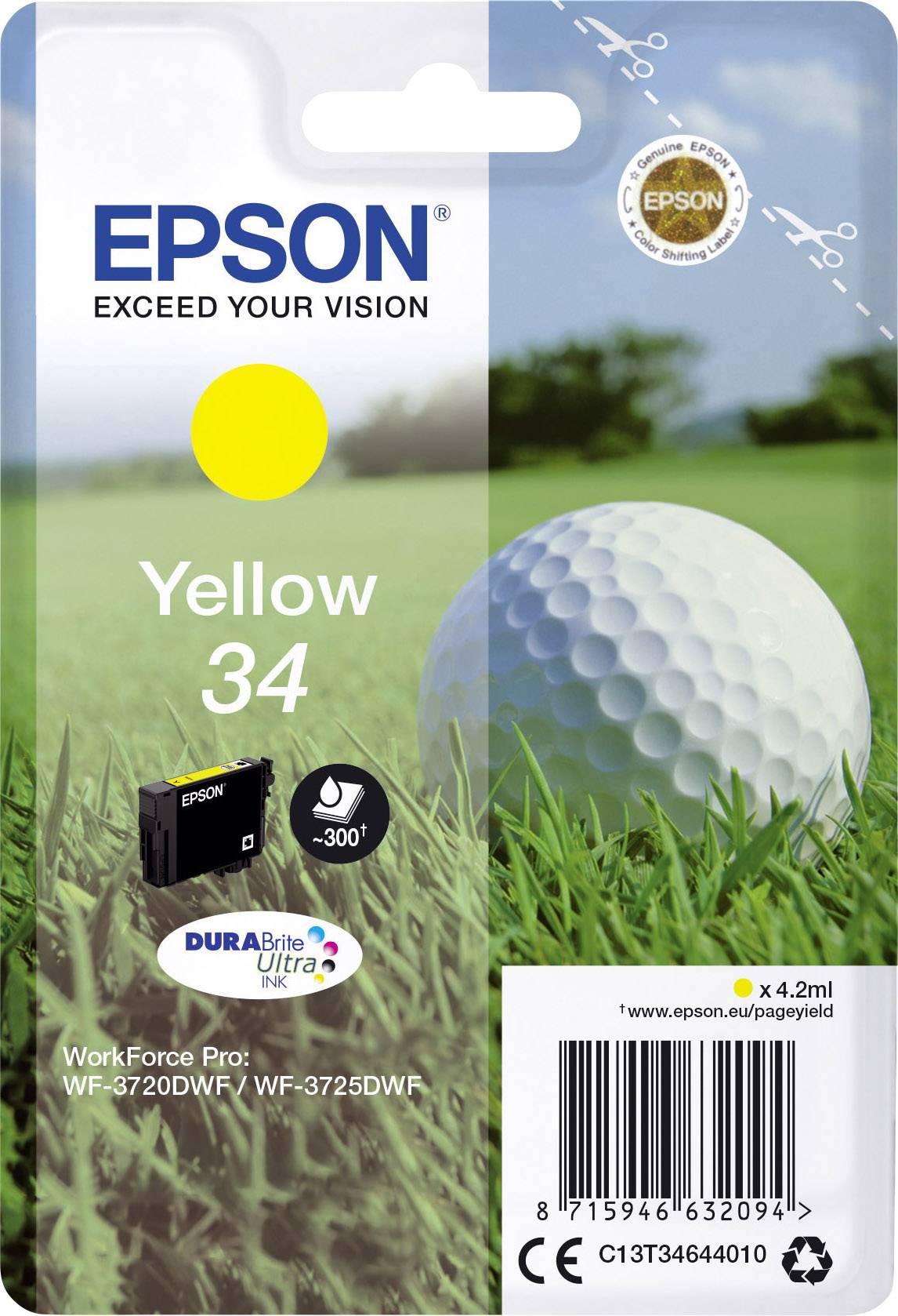 Tusz Epson żółty, model 34, do drukarek WF-3720DWF/WF-3725DWF, 4,2 ml, piłka golfowa i łąka w tle.