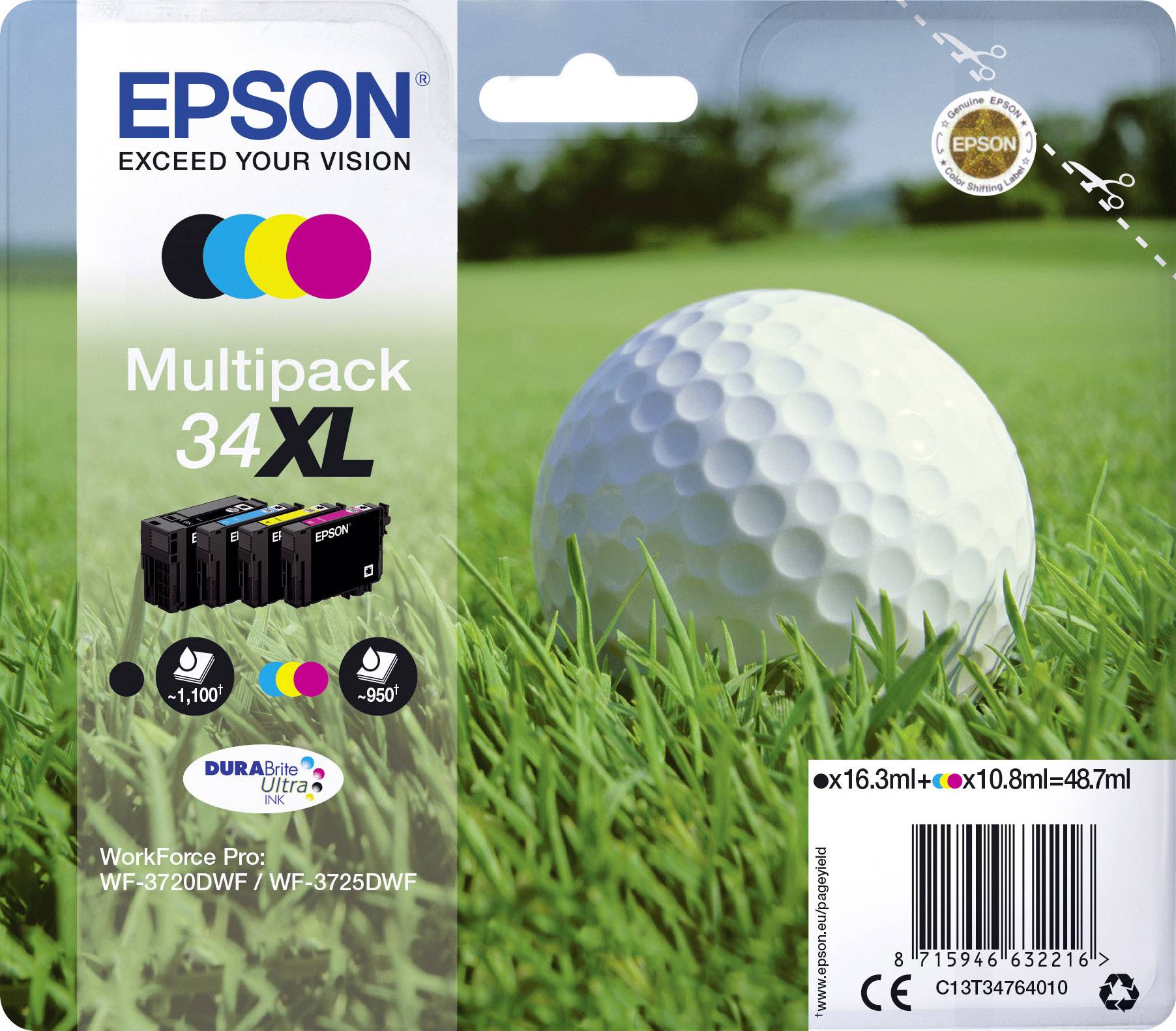 Чорнило Epson T3476, 34XL оригінальне комбіноване чорнило, чорний, блакитний, пурпуровий, жовтий C13T34764010