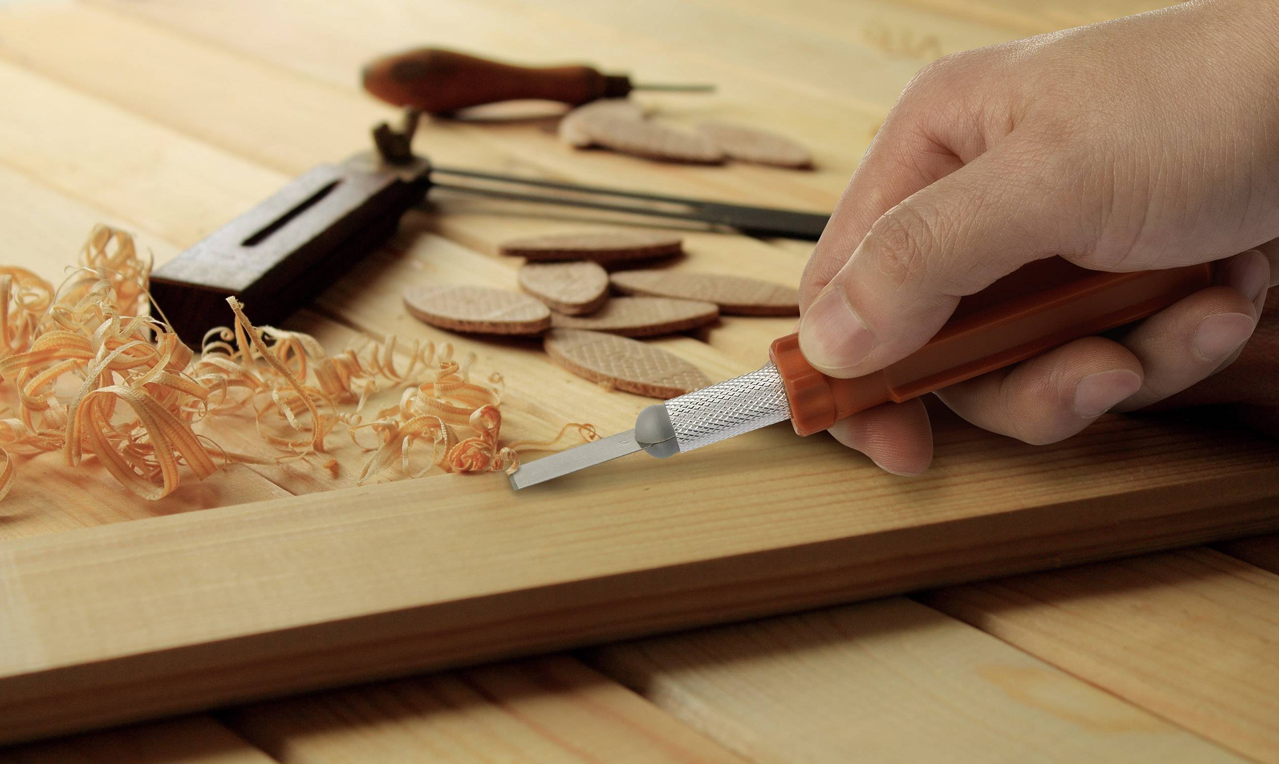 Dłoń rzeźbi drewno dłutem. Wióry i kawałki drewna leżą obok. W tle widać kolejne narzędzia stolarskie.
