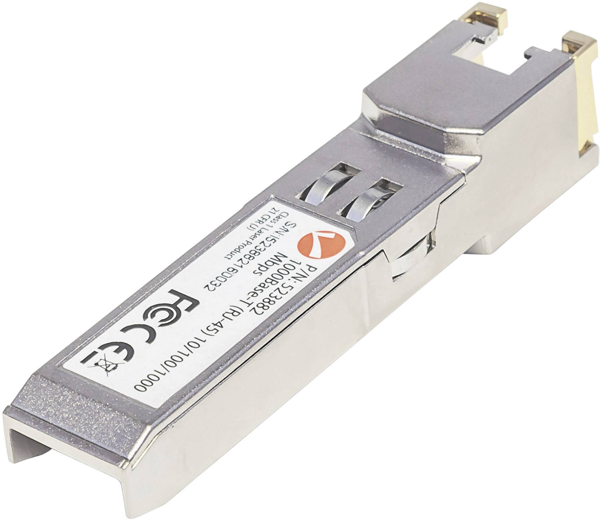 Moduł SFP z obudową metalową, używany do połączenia sieciowego w urządzeniu. Posiada różne oznaczenia techniczne.