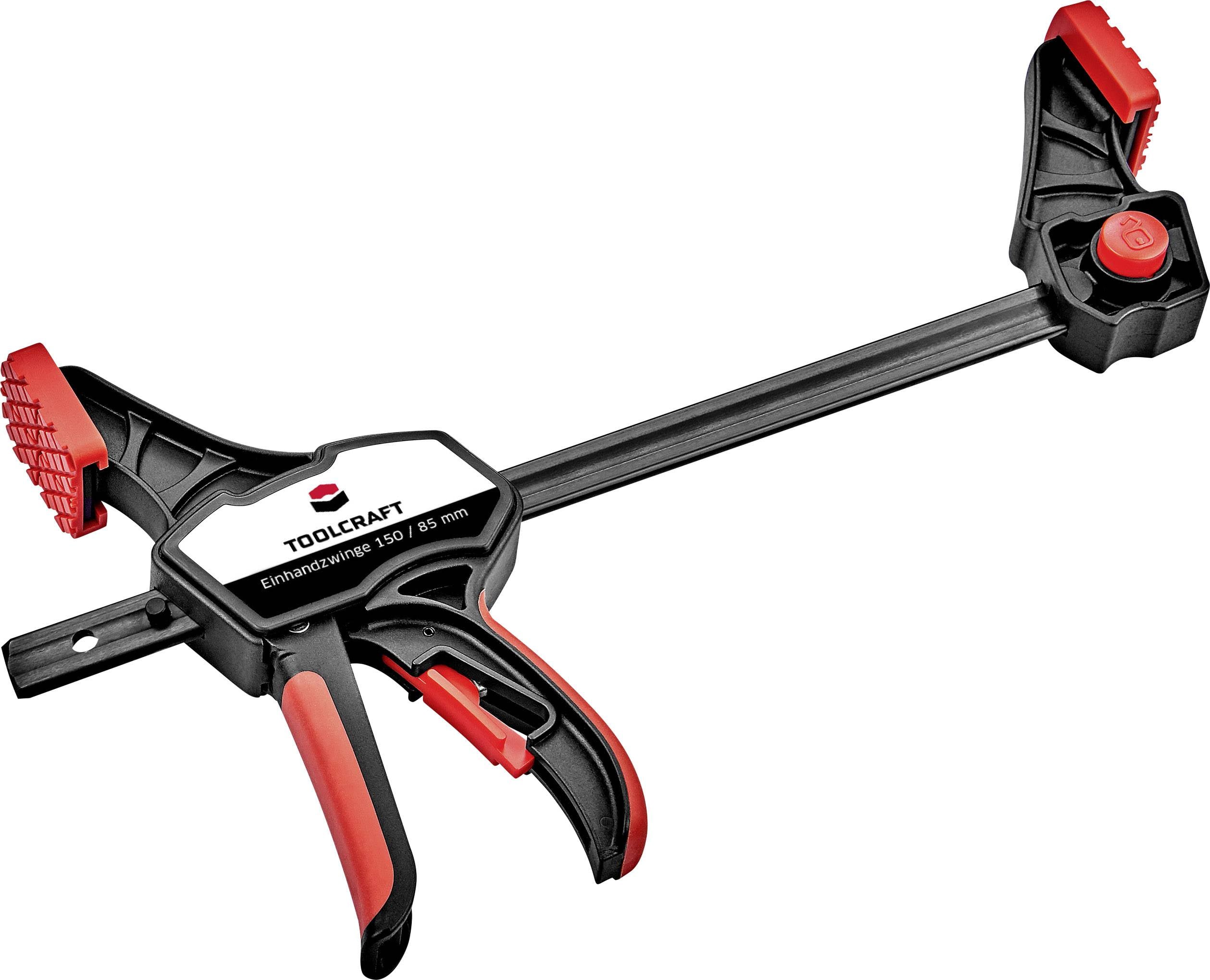 Ścisk śrubowy o czerwono-czarnym wzornictwie, odpowiedni do prac warsztatowych lub majsterkowania. Wyposażony w mechanizm dźwigniowy do regulacji siły zacisku.