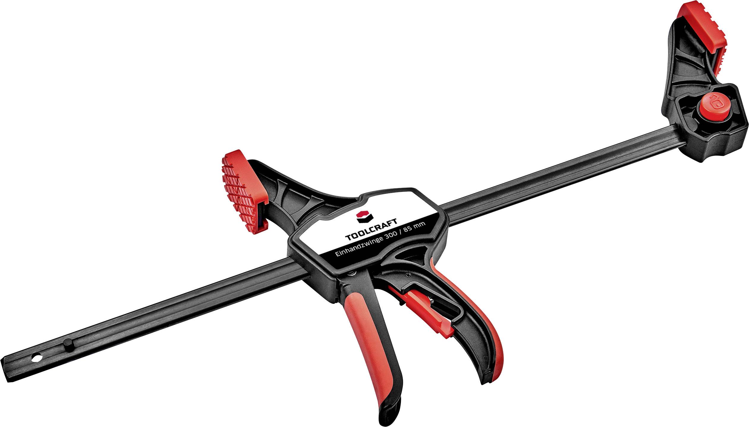 Czarna i czerwona jednoręczna ścisk stolarska firmy Toolcraft, odpowiednia do precyzyjnego zacisku i mocowania elementów o długości do około 150 mm.