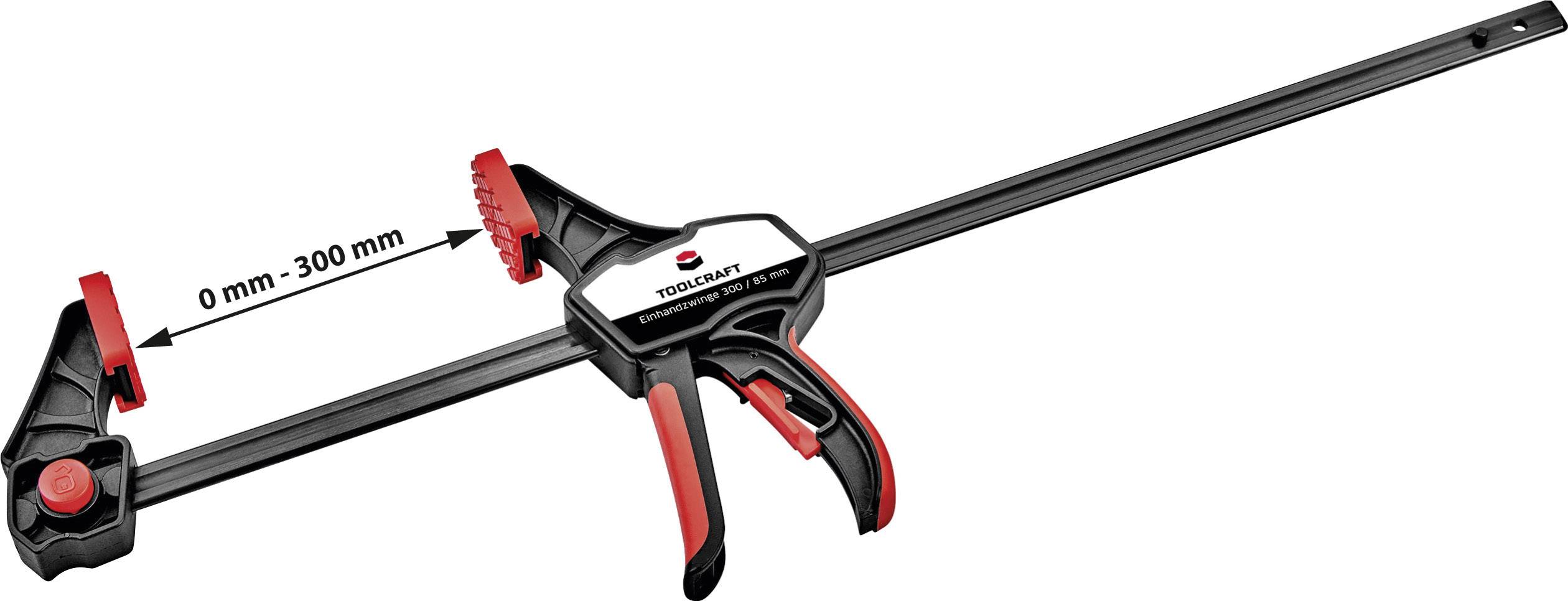 Zacisk rozporowy o rozpiętości od 0 mm do 300 mm. Czarno-czerwony design, przydatny do mocowania materiałów.