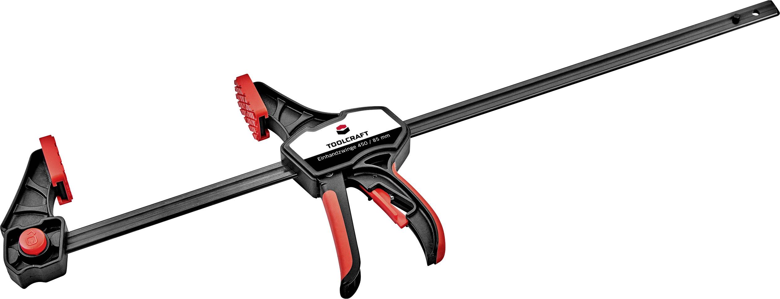 Jednostronna metalowo-plastikowa ściska w kolorach czarnym i czerwonym. Posiada funkcję szybkiego zacisku i jest przeznaczona do mocowania elementów obrabianych.