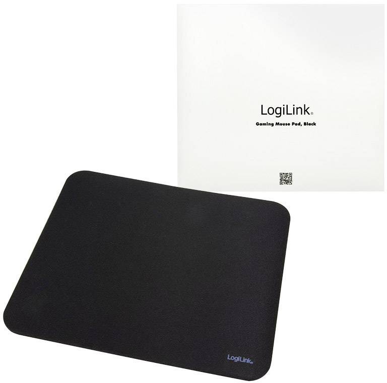 Czarna podkładka gamingowa LogiLink obok białego opakowania z napisem 'Gaming Mouse Pad, Black'.