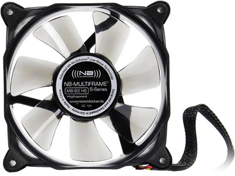 Czarno-biały wentylator komputerowy z ośmioma łopatkami, z nadrukiem modelu 'NB-Multiframe S-Series'. Kabel w czarnym oplocie.