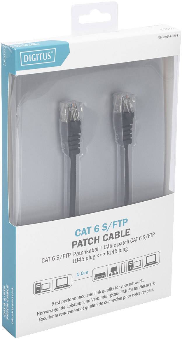 Kabel sieciowe CAT 6 S/FTP marki Digitus, 1 metr, złącza RJ45, odpowiednie do wysokowydajnej transmisji danych i zastosowań sieciowych.