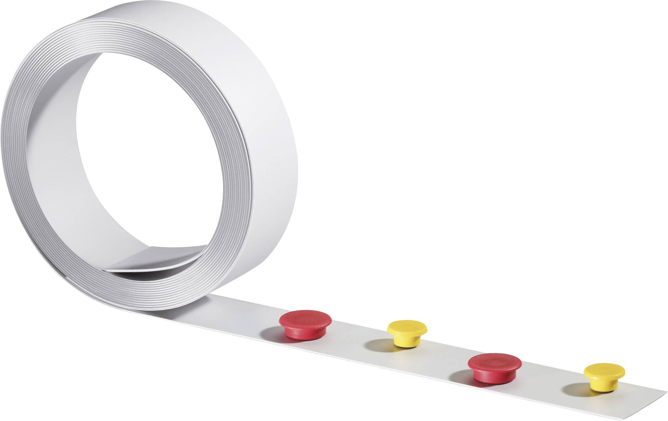 Biała taśma magnetyczna przymocowana trzema okrągłymi magnesami w kolorach czerwonym i żółtym prezentuje swoją magnetyczną funkcjonalność.