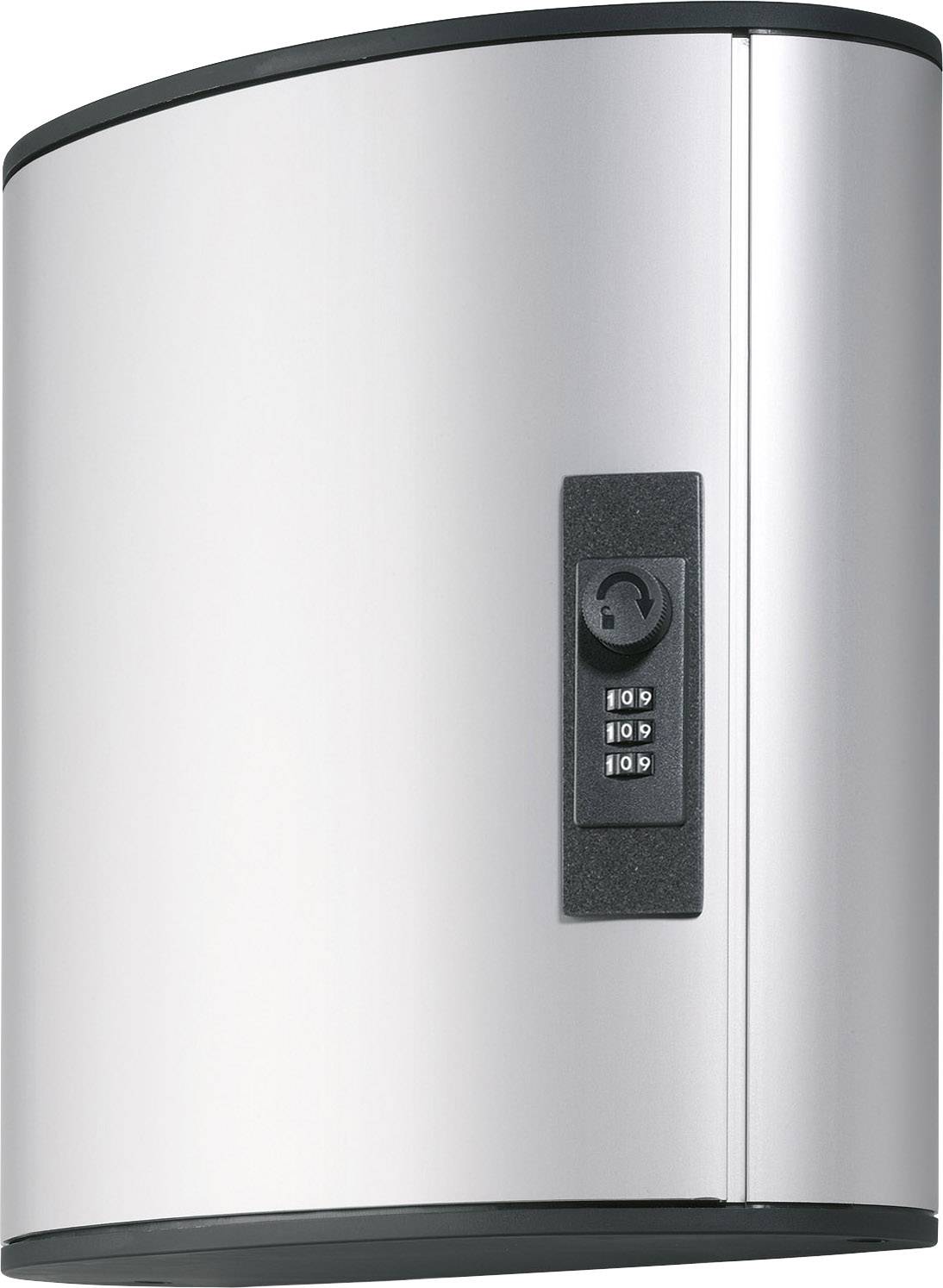 Stylowy srebrny kosz na śmieci z czarnym panelem sterowania z przodu, na którym widoczne są przyciski do obsługi.