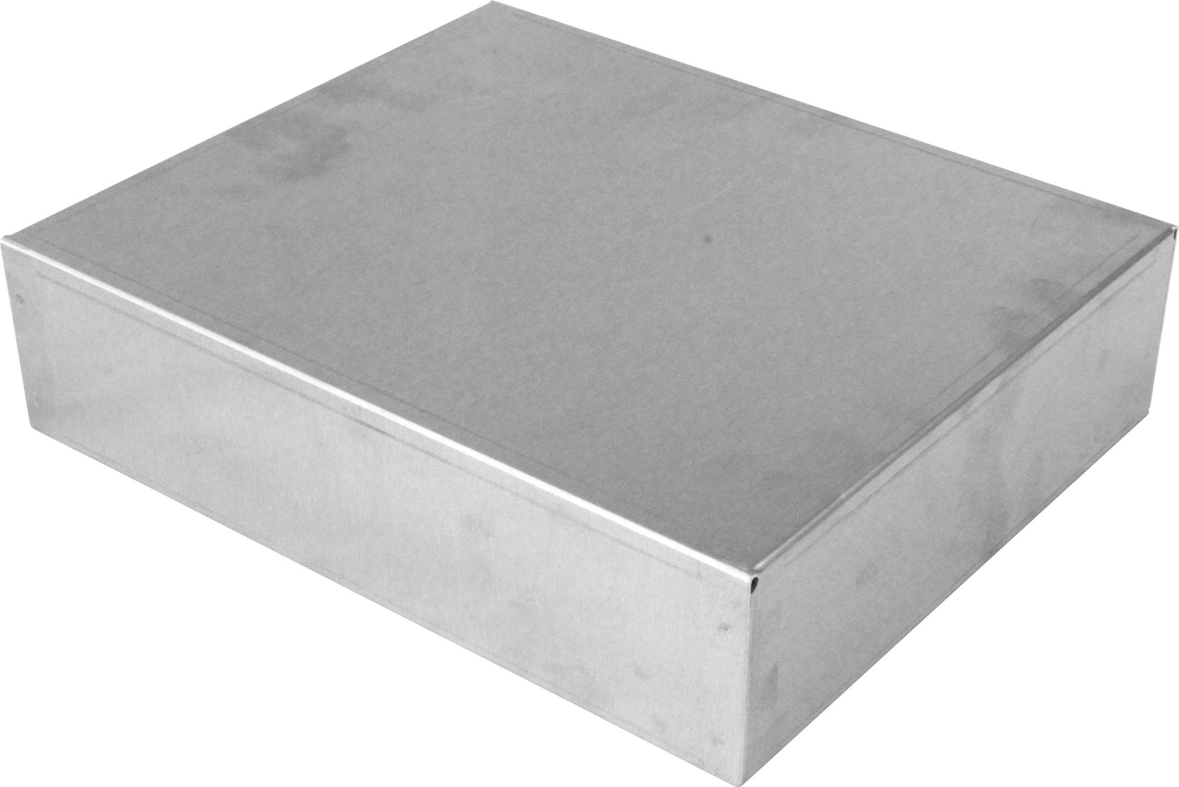 Srebrne pudełko metalowe o prostokątnym kształcie, z płaską pokrywką.