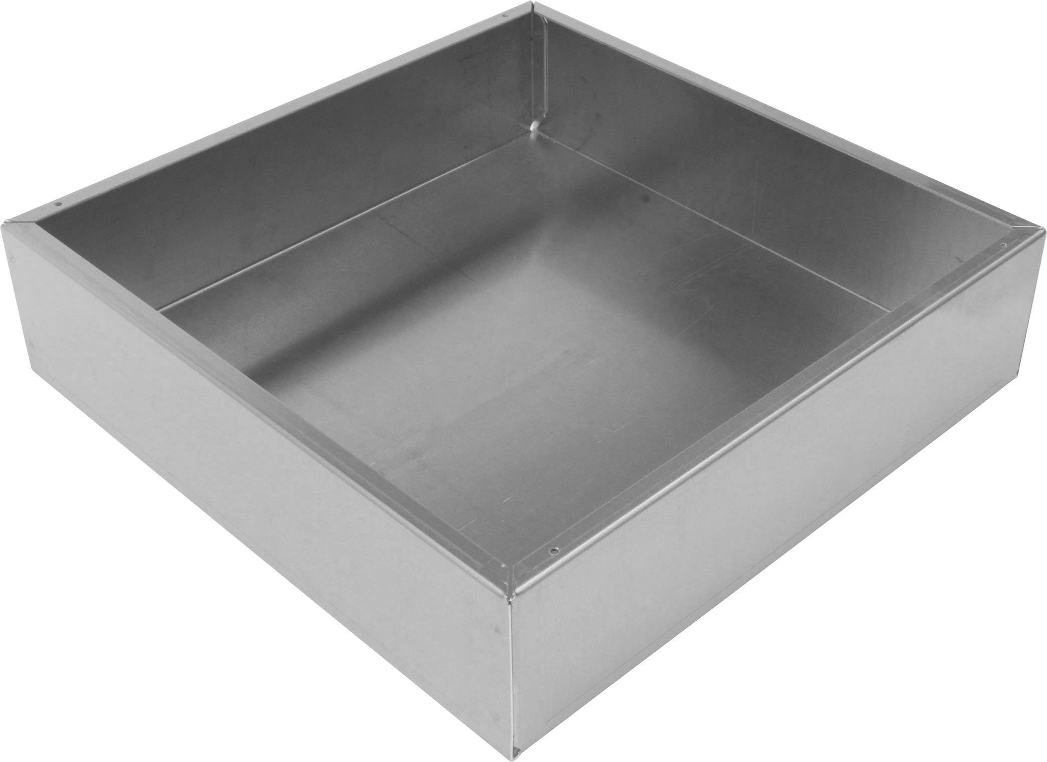 Metalowa, kwadratowa blacha o wysokich brzegach, odpowiednia do pieczenia lub serwowania potraw.