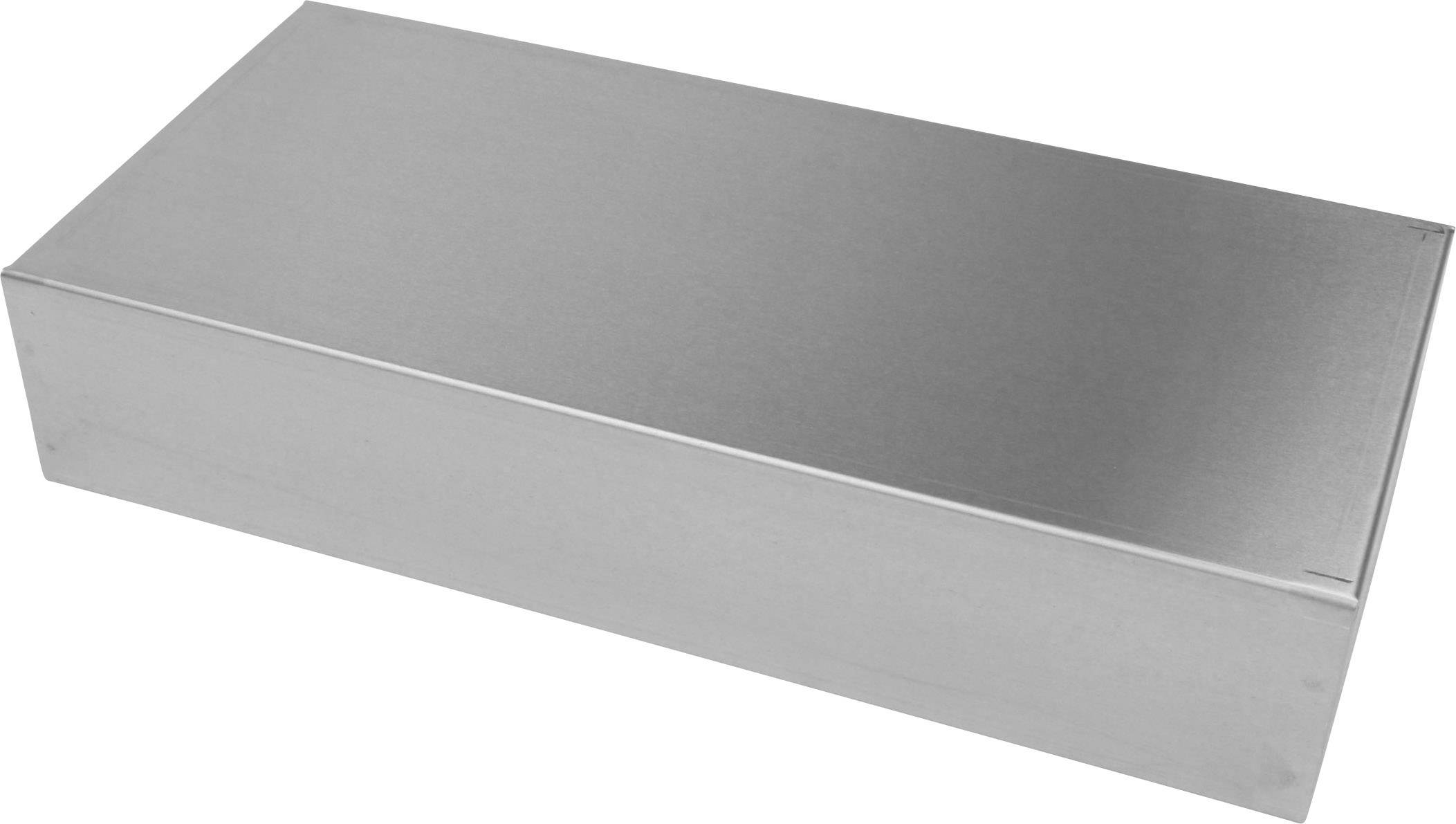 Srebrne prostokątne pudełko metalowe bez widocznych szczegółów lub oznaczeń, na białym tle.