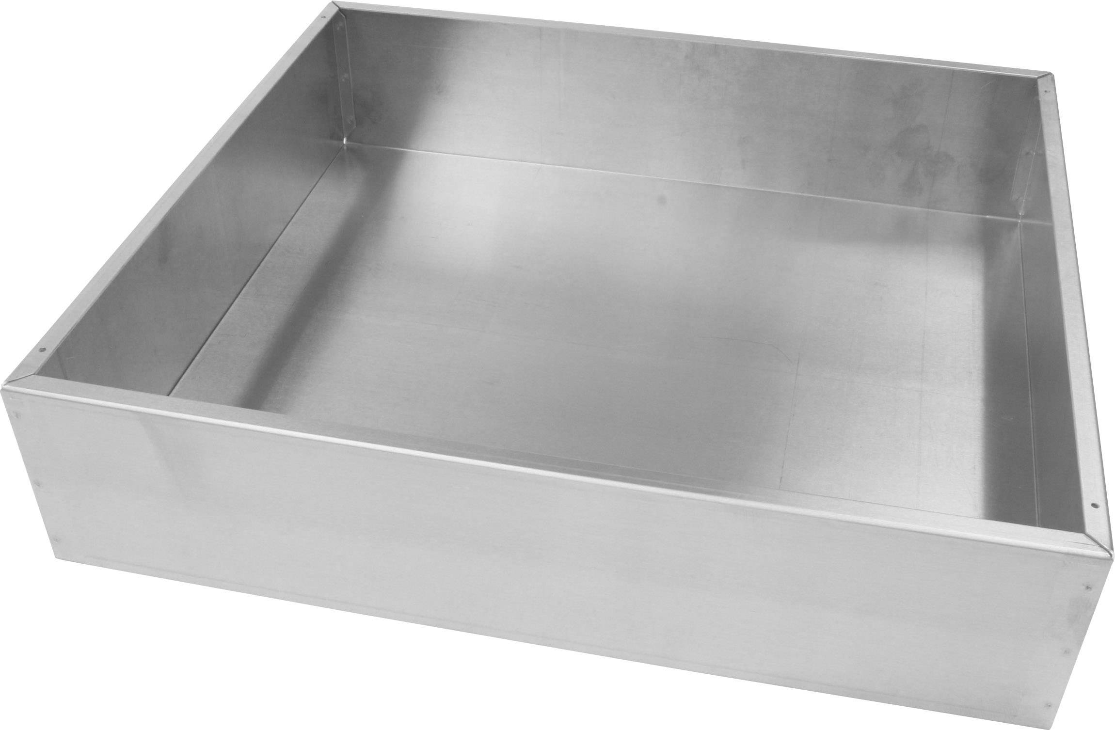 Prostokątna blacha ze stali nierdzewnej z podwyższonymi krawędziami. Wygląda jak głęboka blacha do pieczenia lub taca ociekowa.