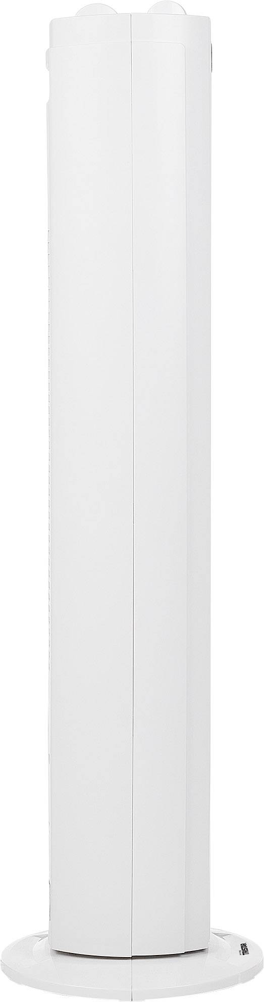 Biały, smukły wentylator kolumnowy w minimalistycznym stylu.