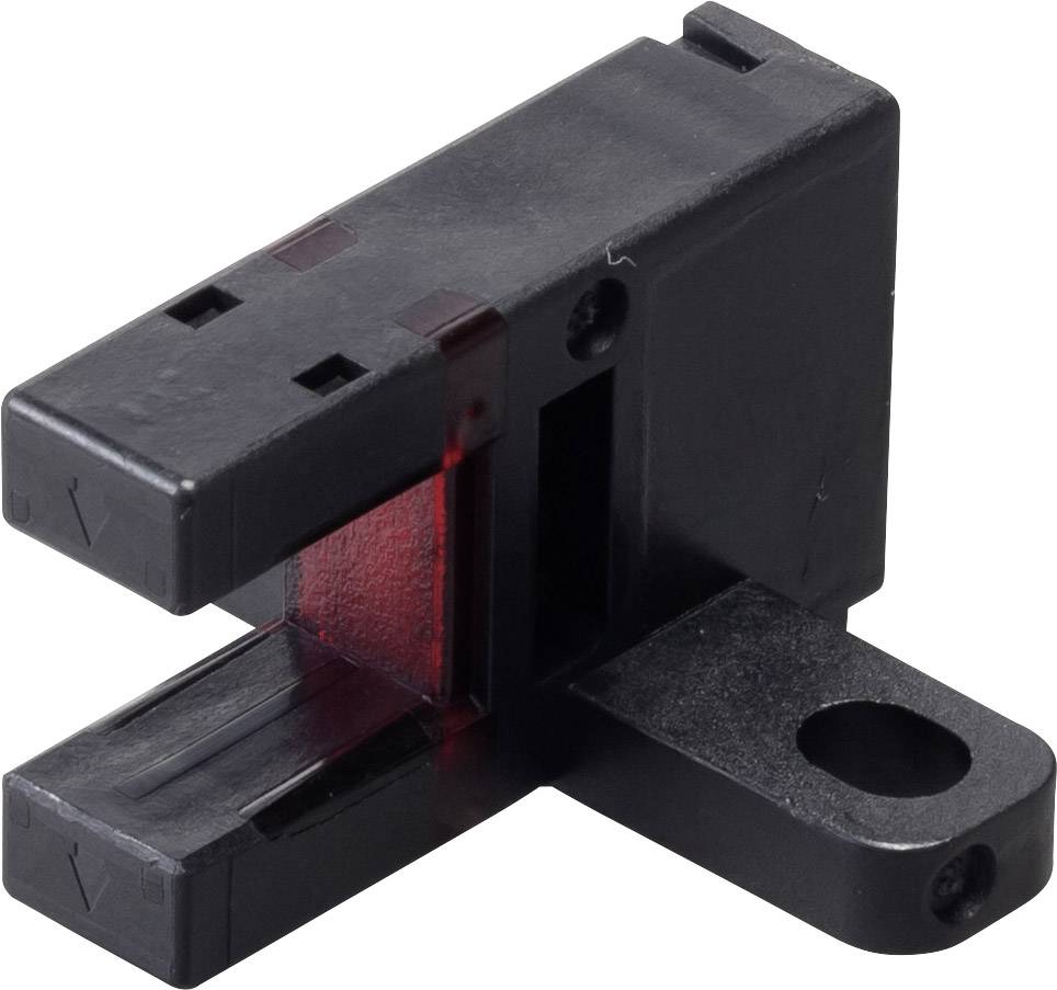 Czarny sensor optyczny w prostokątnej obudowie z czerwonym światłem, zamontowany na płaskiej podstawie z okrągłym otworem po prawej stronie.