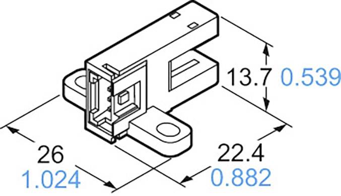 Rysunek techniczny prostokątnego złącza wtykowego z wymiarami: długość 26 mm, szerokość 22,4 mm, wysokość 13,7 mm.