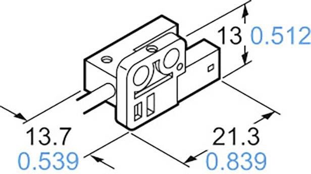 Rysunek wymiarowy prostokątnego czujnika. Długość: 21,3 mm, Szerokość: 13 mm, Wysokość: 13,7 mm. Wymiary podane są w milimetrach i calach.