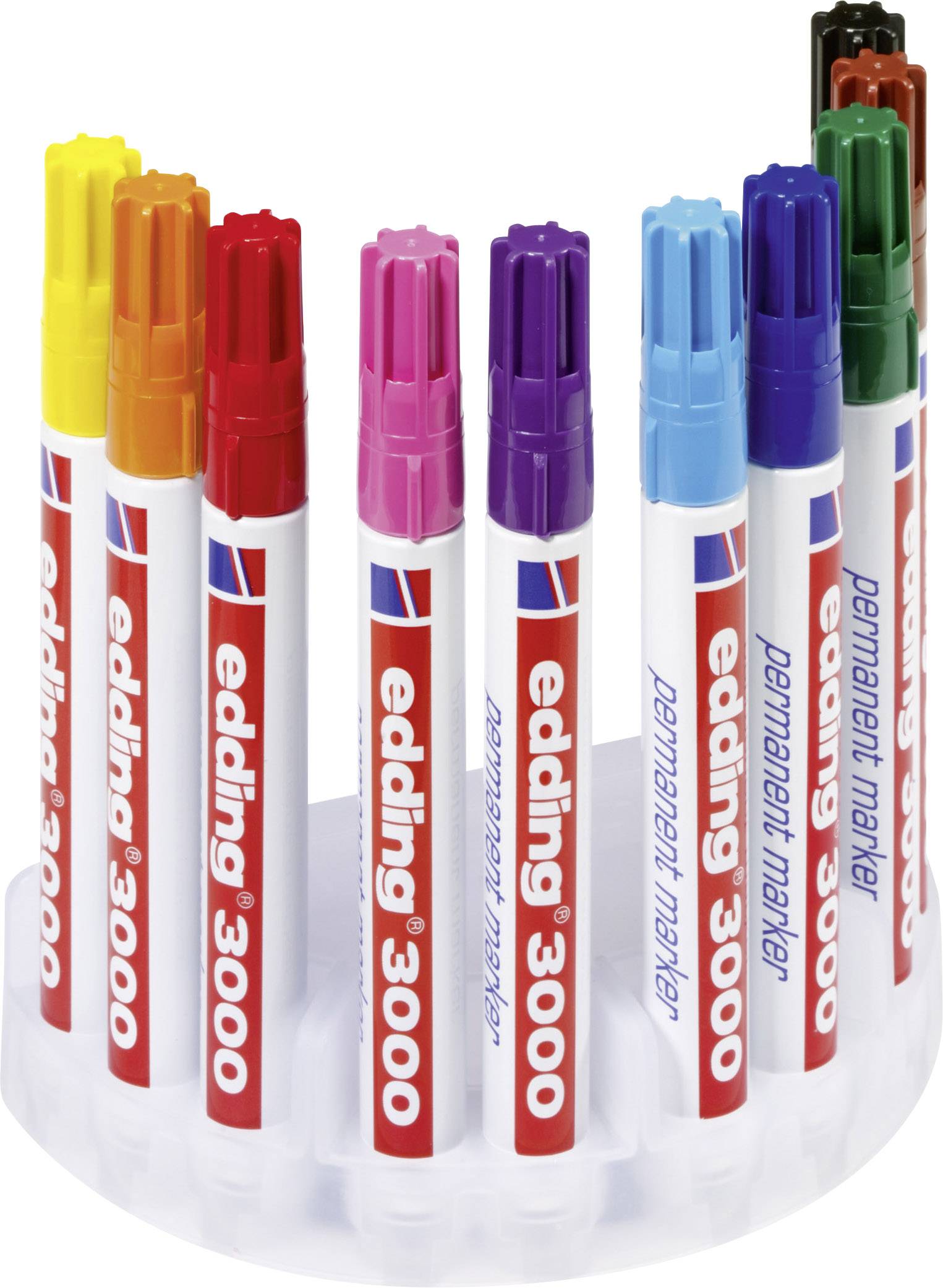 Wielokolorowe pisaki w stojaku; widoczna nazwa marki 'edding 3000'.