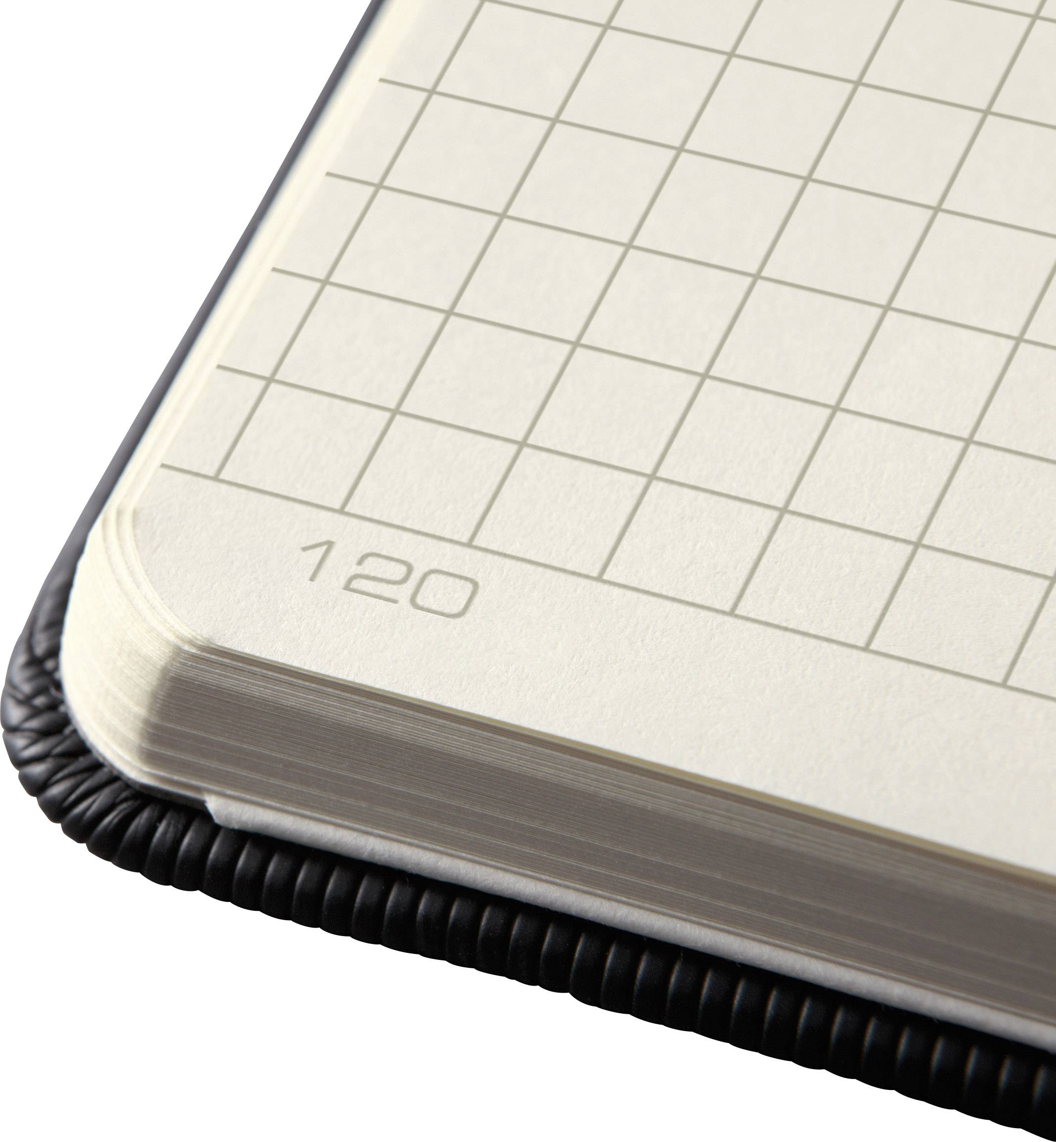 Strona notatnika z siatką kwadratową na stronie 120. Widoczny róg oprawionej okładki.
