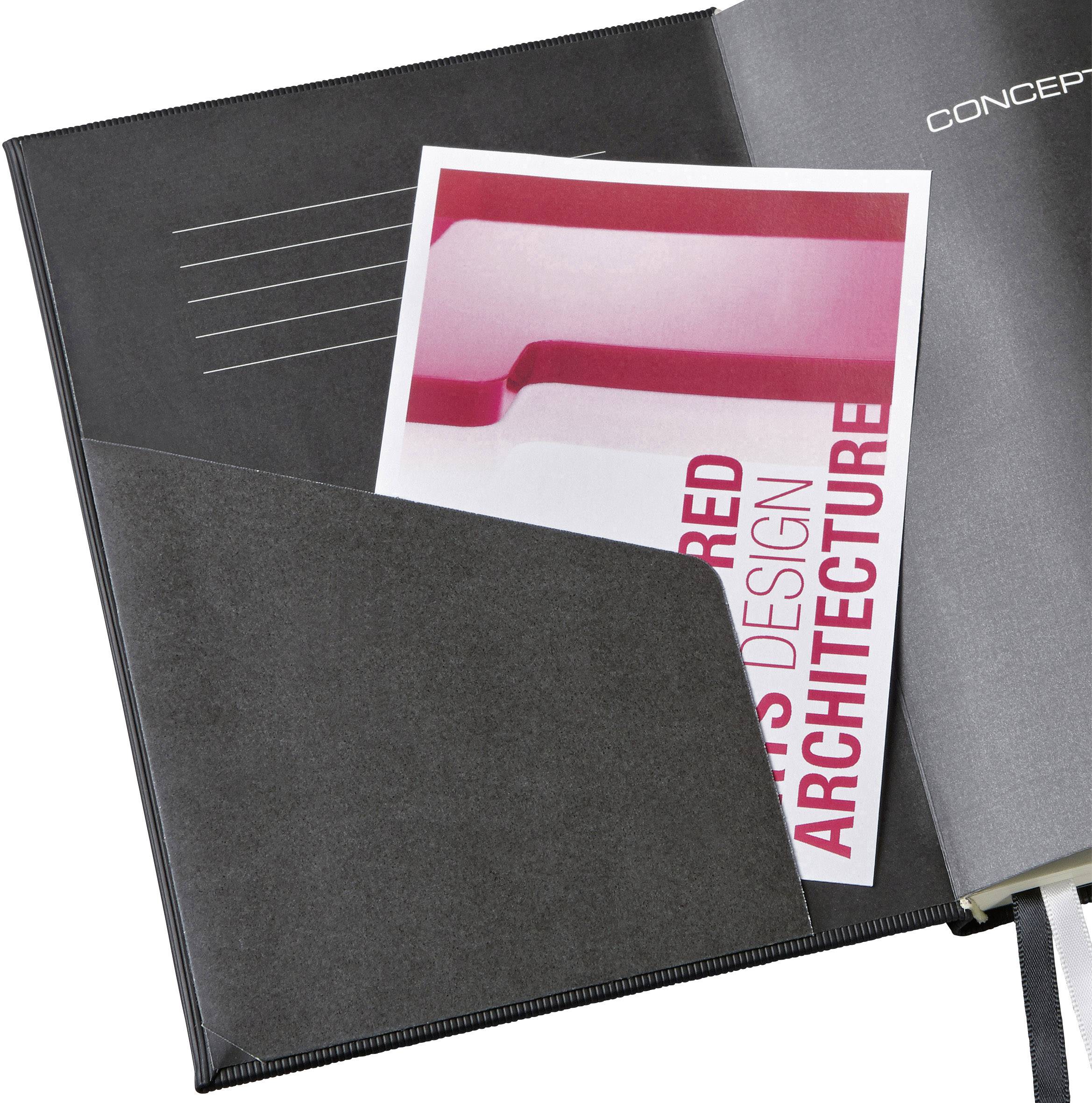 Czarna teczka z broszurą oznaczoną napisem 'DESIGN ARCHITECTURE'. Broszura prezentuje różowe kształty geometryczne.