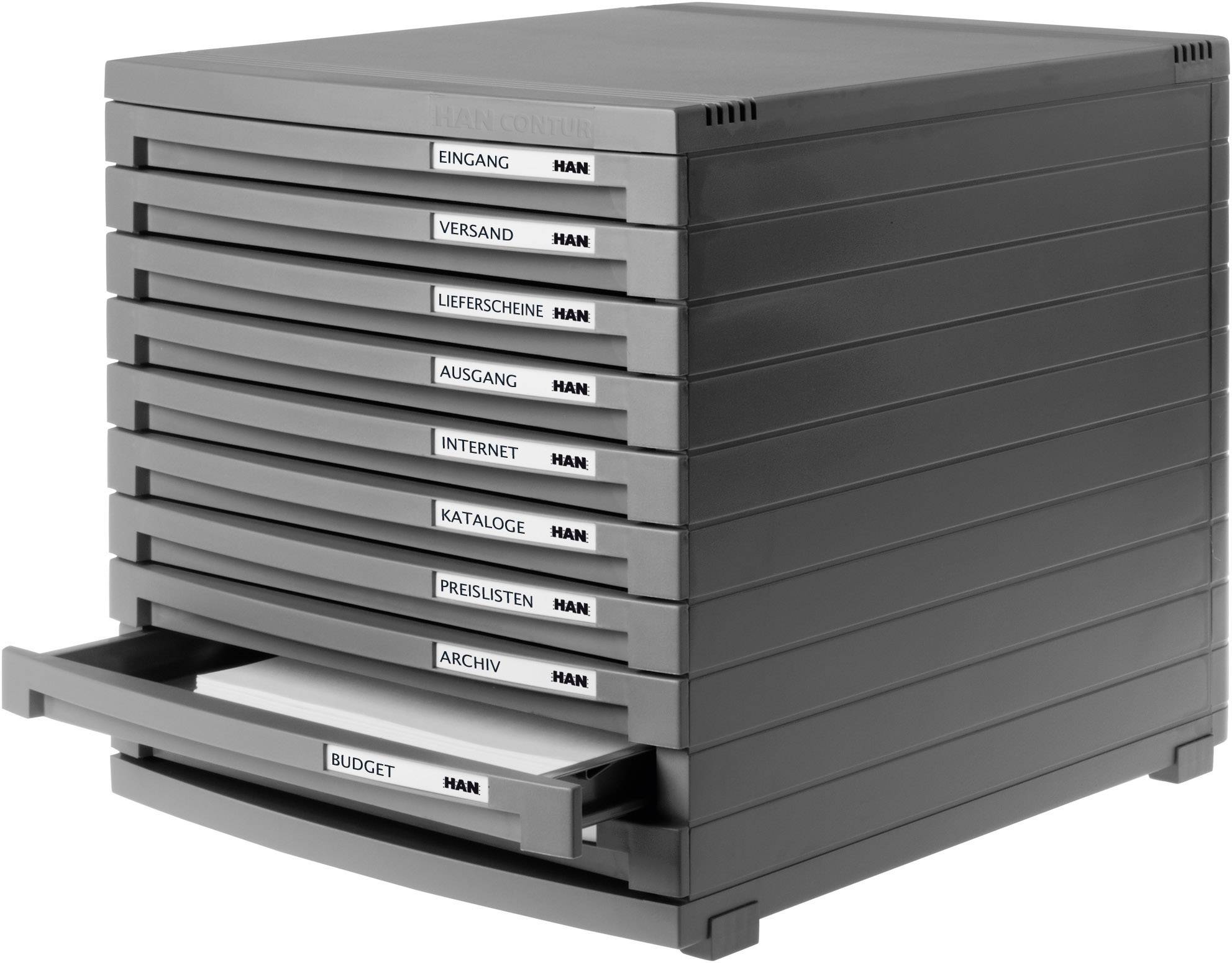 'System szufladowy z dziesięcioma opisanymi etykietami: Wejście, Wysyłka, Listy przewozowe, Wyjście, Internet, Katalogi, Cenniki, Archiwum, Budżet.'