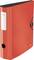 Czerwona segregator Leitz z polem do opisu i czarnym wzmocnieniem dziurek, stojący pionowo.