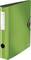 Zielony segregator Leitz z etykietą na grzbiecie do opisu. Segregator posiada mechanizm dźwigniowy i jest zamknięty.