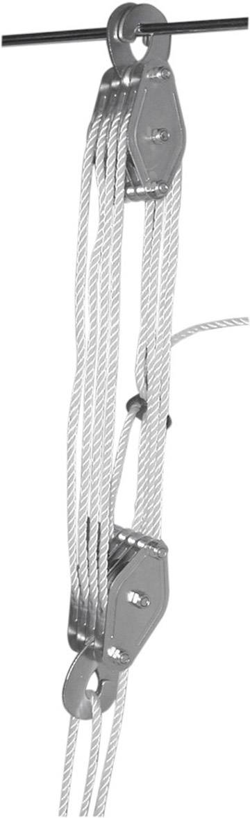 Wielokrążek z wieloma bloczkami linowymi i linkami do podnoszenia ładunków; konstrukcja metalowa, ustawiona pionowo.