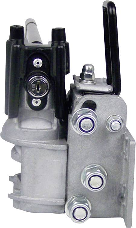 Metalowy element maszyny z dźwignią i śrubami, widok z boku.