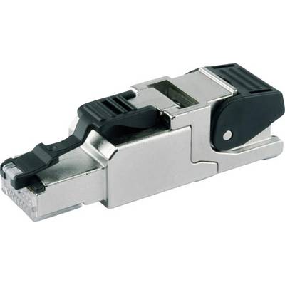 Srebrny wtyk RJ45 z czarną dźwignią, odpowiedni do połączeń sieciowych.