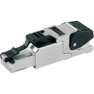 Srebrny wtyk RJ45 z czarną dźwignią, służący do podłączania kabli sieciowych, leży na białym tle.
