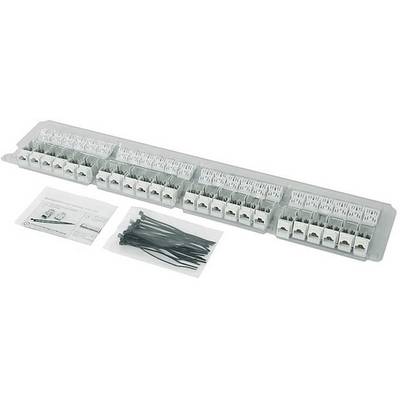 Patch panel z wieloma gniazdami RJ45, opaskami kablowymi i instrukcją. Odpowiedni do organizacji przewodów sieciowych.