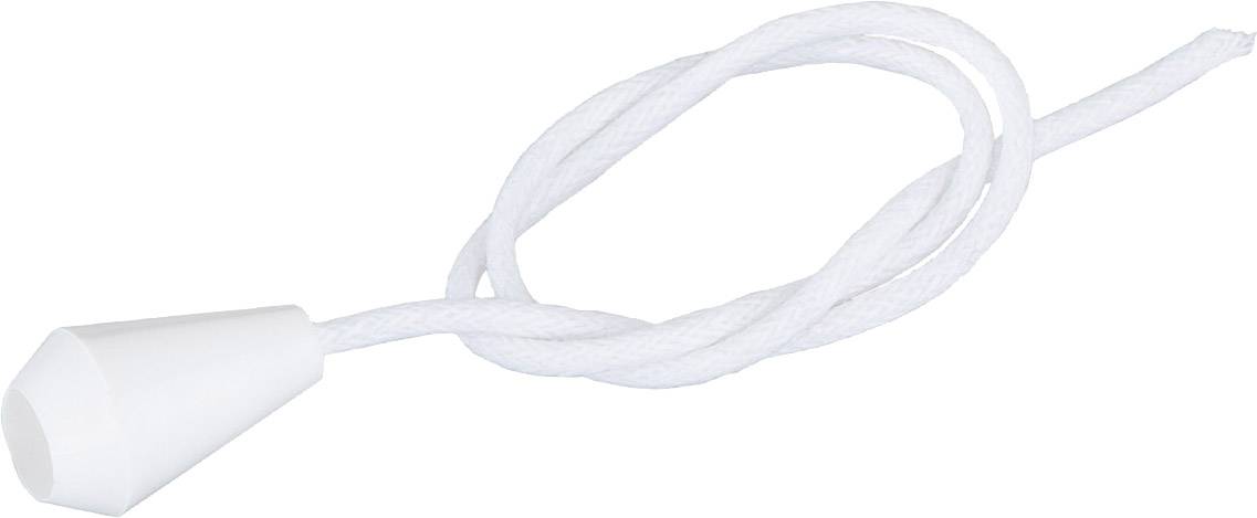 Biały plastikowy kołek z przymocowanym do niego długim, białym sznurkiem.