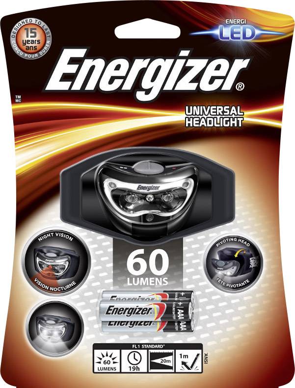 Latarka czołowa Energizer LED 'Universal Headlight' o mocy 60 lumenów, w zestawie z bateriami. Obrotowa głowica, idealna do użytku nocnego lub w słabym świetle.